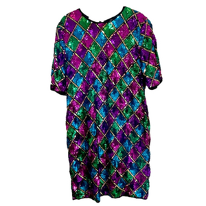 Vintage La Divina Women’s XL 80s Colorful Sequence Midi Disco Dress 100% Silk